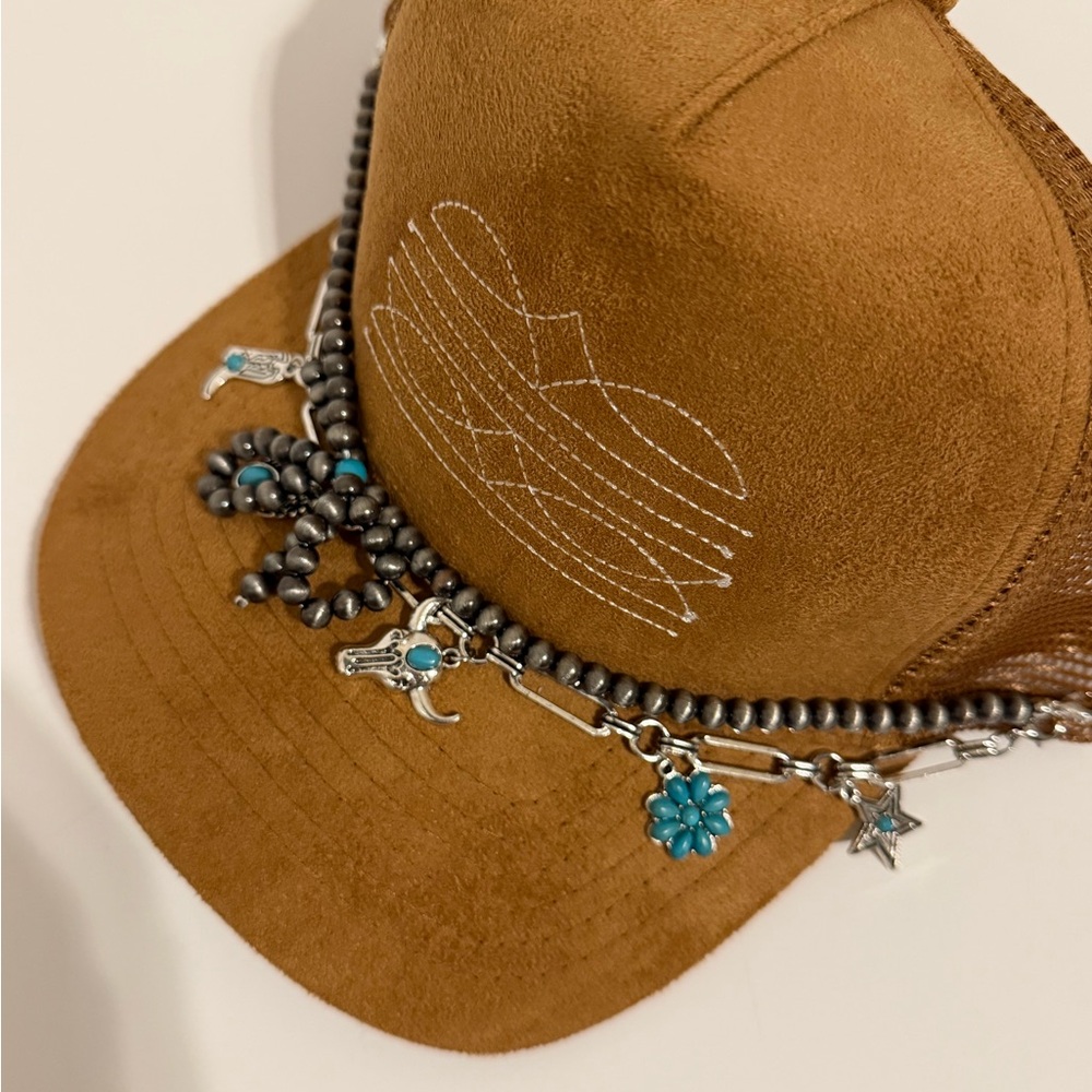 Tan suede cowgirl  Cap with Turquoise Charm Chains 
Great for any occasion/gifts